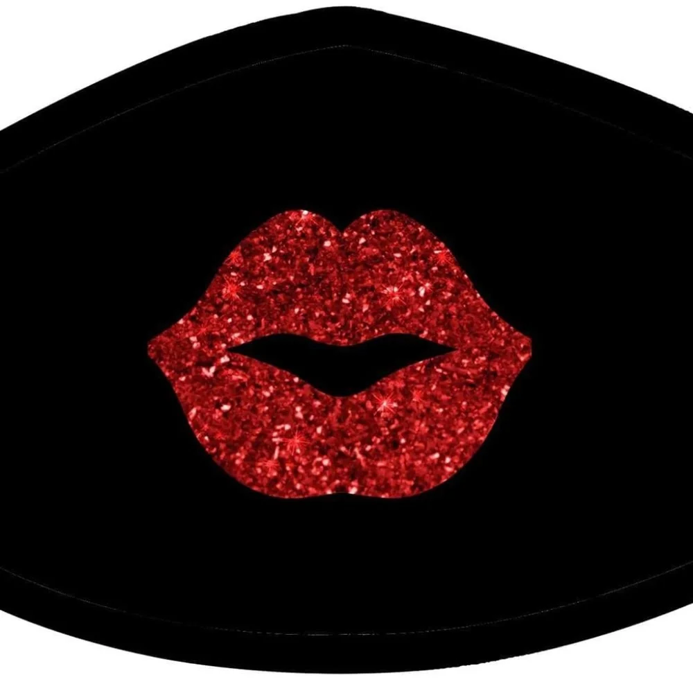 Ella Etc Pucker Up Glitter Red Kiss Face Mask | Black Fashion Mask